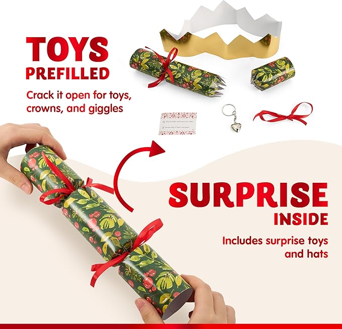 JOYIN 10 Pack Christmas No-Snap Party Favors, Green Xmas Table Favor for Kids Includes Party Hat, Jokes & Gifts, Cute Gifts for Christmas Table Decorations, Dinner Traditions Party Supplies