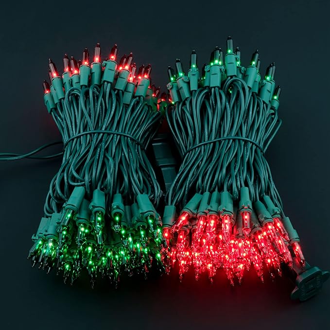 YULETIME 200 Red Green Christmas Lights, Pack of 2 Sets 33 Feet 100 Count UL Certified Incandescent String Lights (Red & Green - Green Wire)