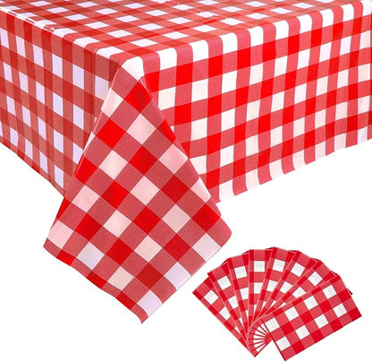 Kesfey 8 Packs Red and White Checkered Tablecloths 54 x 108 Inches Disposable Rectangle Red Gingham Table Cloth Waterproof Plastic Picnic Party Plaid Tablecovers for Picnic BBQ Family Outings