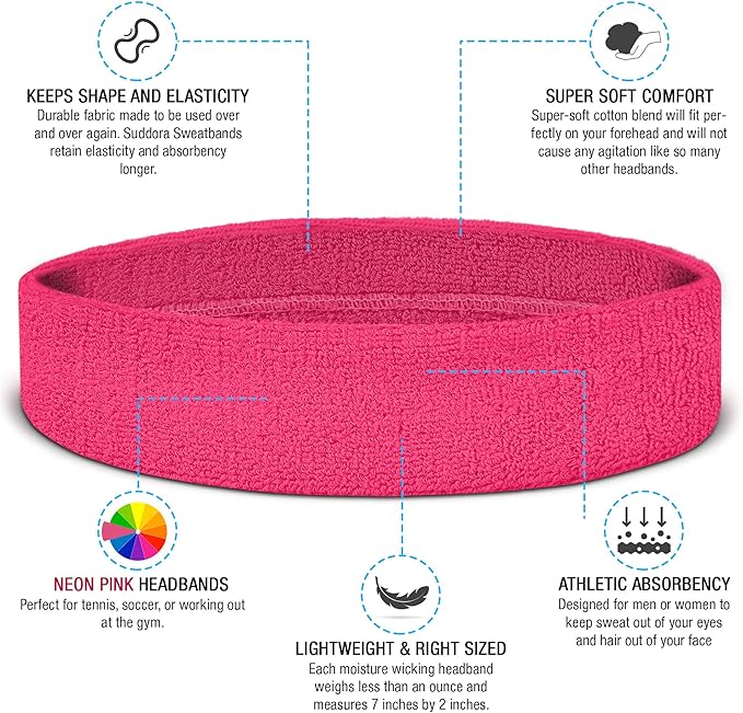 Suddora Workout Headband for Men and Women, Moisture-Wicking Athletic Sweatband, Lightweight Cotton Terry Cloth Bands for Basketball, Tennis, Football, Gym, Running, Cosplay & Costumes