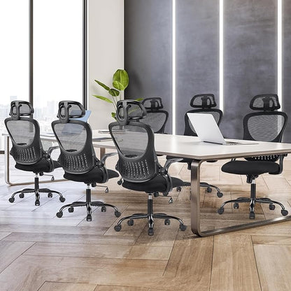 Sweetcrispy Office Computer Desk Chair, Ergonomic High-Back Mesh Rolling Work Chairs with Wheels and Adjustable Headrests, Comfortable Lumbar Support, Comfy Flip-up Arms for Home, Bedroom, Study,Black