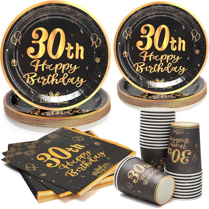 96pcs 30th Birthday Party Disposable Tableware Set for Men Women Black and Gold Paper Plates for 24 Guest Party Supplies （Include plates，cups and napkins）