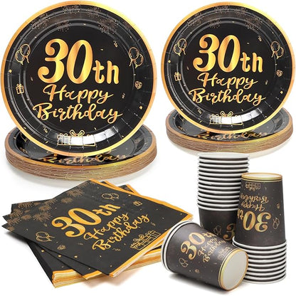 96pcs 30th Birthday Party Disposable Tableware Set for Men Women Black and Gold Paper Plates for 24 Guest Party Supplies （Include plates，cups and napkins）
