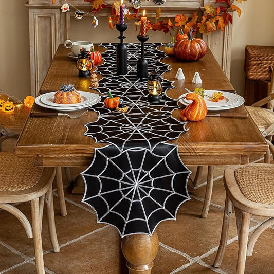 Joyfol Day Halloween Table Runner 14 x 69 Inch, Embroidered Spider Web Table Runners, Black Fireplace Mantel Scarf, Halloween Table Decorations for Parties Gothic Scary Nights