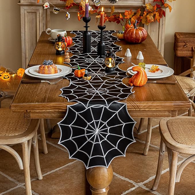 Joyfol Day Halloween Table Runner 14 x 59 Inch, Embroidered Spider Web Table Runners, Black Fireplace Mantel Scarf, Halloween Table Decorations for Parties Gothic Scary Nights