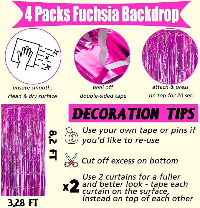 4 Pack Fuchsia Fringe Curtain Backdrop, 3.2Ft x 8.2Ft Metallic Tinsel Foil Fringe Streamers Background for Photo Booth Birthday Wedding Baby Shower Carnival Easter Mother’s Day Party Decorations