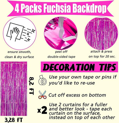 4 Pack Fuchsia Fringe Curtain Backdrop, 3.2Ft x 8.2Ft Metallic Tinsel Foil Fringe Streamers Background for Photo Booth Birthday Wedding Baby Shower Carnival Easter Mother’s Day Party Decorations