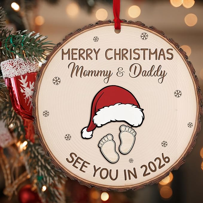 Baby Expecting See You in 2026, Merry Christmas Mommy and Daddy 2 Layered Wooden Ornament, Baby Coming Soon, Pregnancy Announcement Ornament