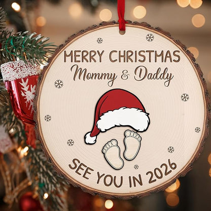 Baby Expecting See You in 2026, Merry Christmas Mommy and Daddy 2 Layered Wooden Ornament, Baby Coming Soon, Pregnancy Announcement Ornament