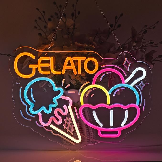 Gelato Neon Sign, Neon Lights Hanging Wall Art Decoration for Restaturant Shop Food Truck Market Bakeries Café Celebration Home Decor, USB Powered Ultra Bright Dimmable,15.75×11.8inches