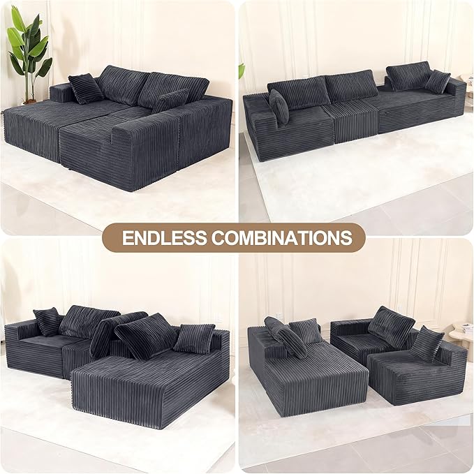 L Shaped Modular Boneless Sectional Couches for Living Room, Wide Armrest, Deep Seat, Memory Foam, Assembly Free, Modern Comfy Corduroy Fluffy Cloud Sofa with Left Chaise, Grey