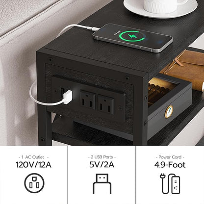 Black Side Table with Charging Station, Slim End Tables with Fabric Basket, Skinny Table for Small Spaces, Thin Bedside Table for Living Room, Bedroom