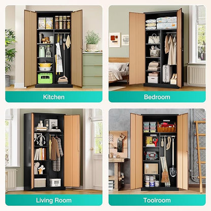SISESOL Wide & Deep Metal Storage Cabinet with Hanging Rod,Broom Closet Storage Cabinet with Lock,72" Tall Wardrobe Cabinets with Doors and Shelves,Locking Steel Tool Cabinets for Home,Office,Garage