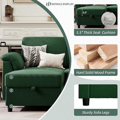 Vongrasig 79" Convertible Sectional Couch Sofa with Storage Ottoman, 3 Seat L Shaped Couch with Side Storage Pockage, Small Couches for Living Room, Apartment and Small Space (Green)