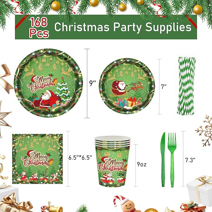 168PCS Christmas Plates and Napkins, Cartoon Santa Claus Snowman Christmas Disposable Dinnerware Set Party Supplies, Green Holiday Paper Plates Napkins Cups Cutlery for Xmas Serves 24