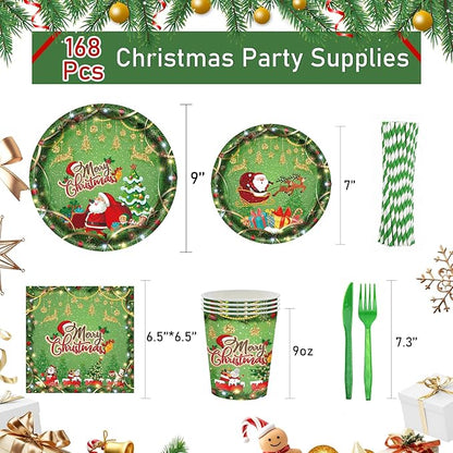 168PCS Christmas Plates and Napkins, Cartoon Santa Claus Snowman Christmas Disposable Dinnerware Set Party Supplies, Green Holiday Paper Plates Napkins Cups Cutlery for Xmas Serves 24