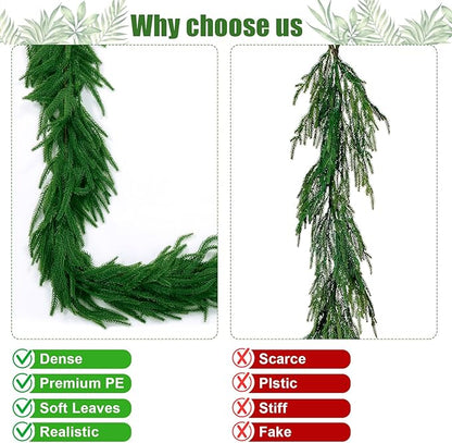 2Pcs 6 FT Artificial Norfolk Pine Garlands, Realistic Christmas Garland Thickness Real Touch Winter Greenery Garland for Table Mantle Wall Indoor Outdoor Christmas Decor