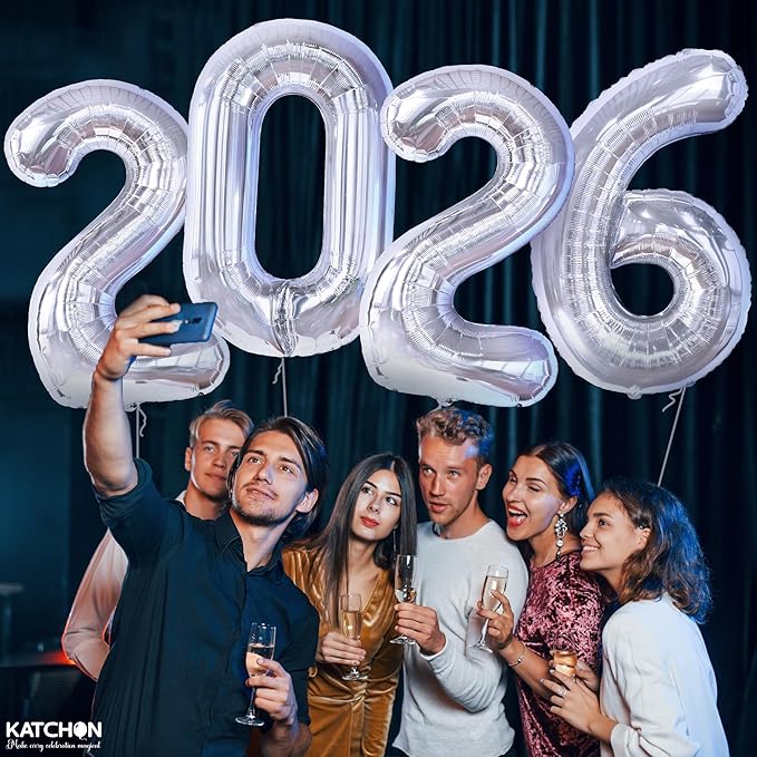 Katchon, Giant 42 Inch - 2026 Balloons Silver - Happy New Year Decorations 2026 | New Year 2026 Balloons, Silver Happy New Year Party Decorations | 2026 silver Balloons