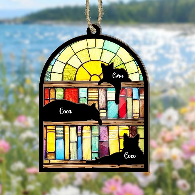 Personalized Pet Memorial Suncatcher – Custom Name & Cat Silhouette with Bookshelf Background for Up to 3 Cats, Memorial Keepsake for Cat Lovers, Home Décor Gift for Readers, Librarians & Book Lovers