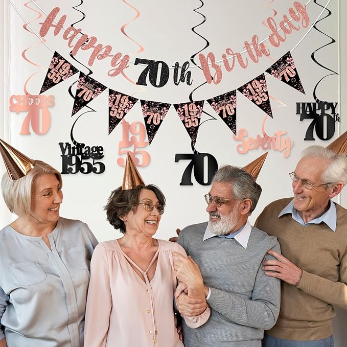 70th Birthday Decorations for Women, Black Rose Gold Happy 70th Birthday Banner Hanging Swirls Vintage 1955 Decorations Kit Cheers to 70 Party Supplies