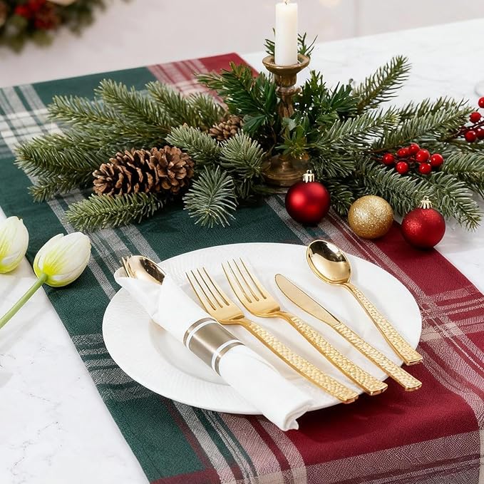 WELLIFE 300PCS Gold Plastic Cutlery,Pre Rolled Silverware Set Disposable,Hammer Pattern Design,Plastic Cutlery Includes: 75 Forks, 75 Knives, 75 Spoons, 75 Napkins, Christmas Silverware