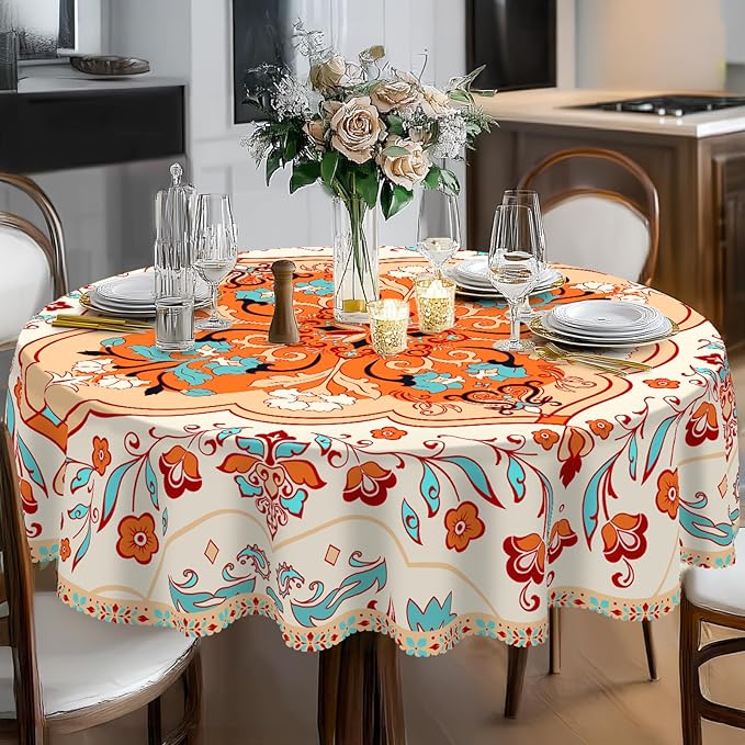 Eikione Bohemia Round Tablecloth 60inch,Table Cloth Waterproof and Wrinkle-Free, Boho Table Covers, Summer Decorations for Home