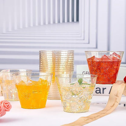 I00000 100pcs Gold Plastic Cups - 9 OZ Hard Gold Glitter Disposable Cups for Cocktail And Drinking - Premium Disposable Plastic Cups with Gold Glitter for Fancy Wedding & Elegant Party Cups
