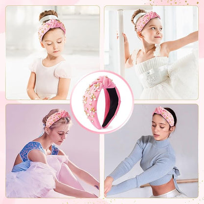 PANTIDE Ballerina Jeweled Knotted Headband - Dancing Girl Ballet Shoes Rhinestone Crystal Pearl Embellished Headband Wide Top Knot Hair Accessories Outfits Birthday Gift for Dancer Women Girl (Pink)