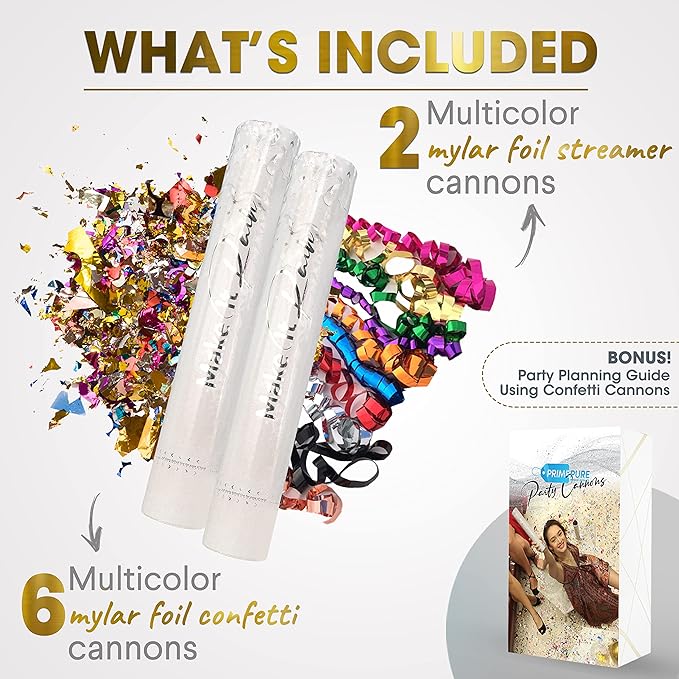 PrimePure Confetti Cannon Party Poppers - Metallic Foil Multicolor Confetti Poppers & Streamers - 8 Pack - NYE Party Cannon Glitter Bomb Pop Gun for New Years Eve 2026, Birthday, Celebration, Pranks