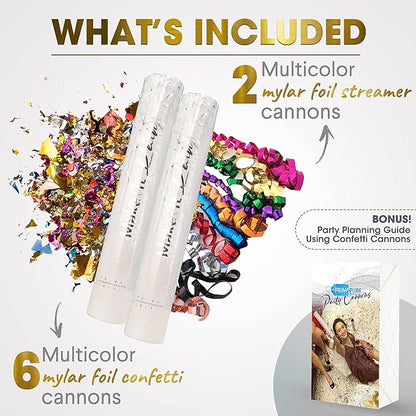 PrimePure Confetti Cannon Party Poppers - Metallic Foil Multicolor Confetti Poppers & Streamers - 8 Pack - NYE Party Cannon Glitter Bomb Pop Gun for New Years Eve 2026, Birthday, Celebration, Pranks