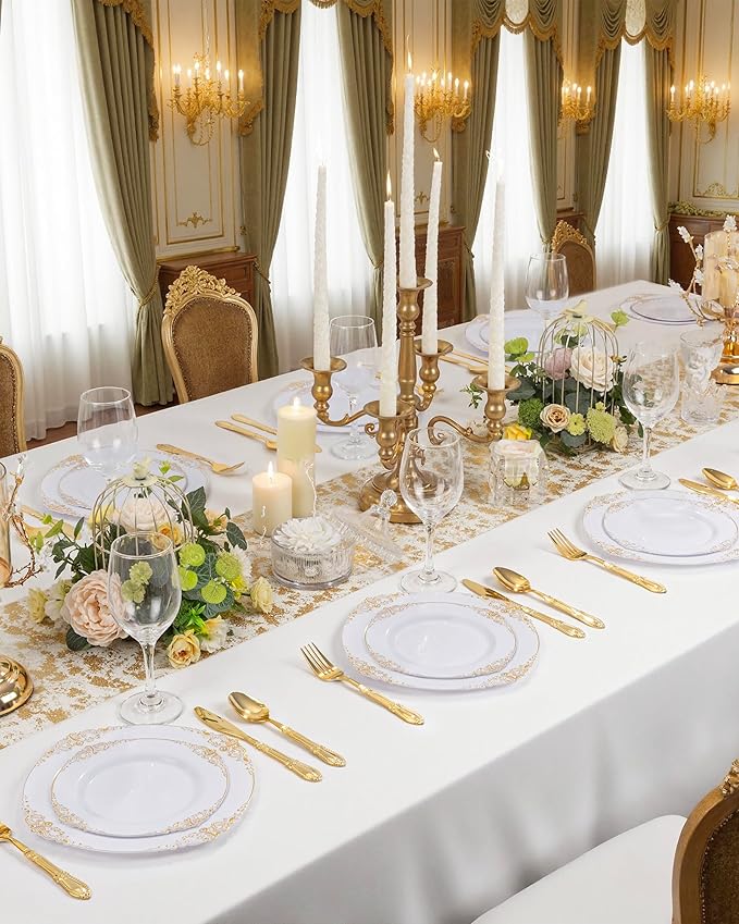 Nervure 150PCS Gold Plastic Silverware - Heavy Duty Disposable Cutlery Set, Luxury Gold Plastic Utensils include 50Pcs Forks, 50Pcs Spoons, 50pcs Knives Perfect for Wedding, Party, Daily Use