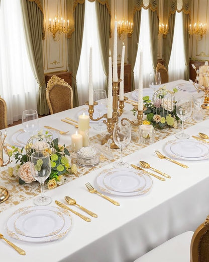 Nervure 150PCS Gold Plastic Silverware - Heavy Duty Disposable Cutlery Set, Luxury Gold Plastic Utensils include 50Pcs Forks, 50Pcs Spoons, 50pcs Knives Perfect for Wedding, Party, Daily Use