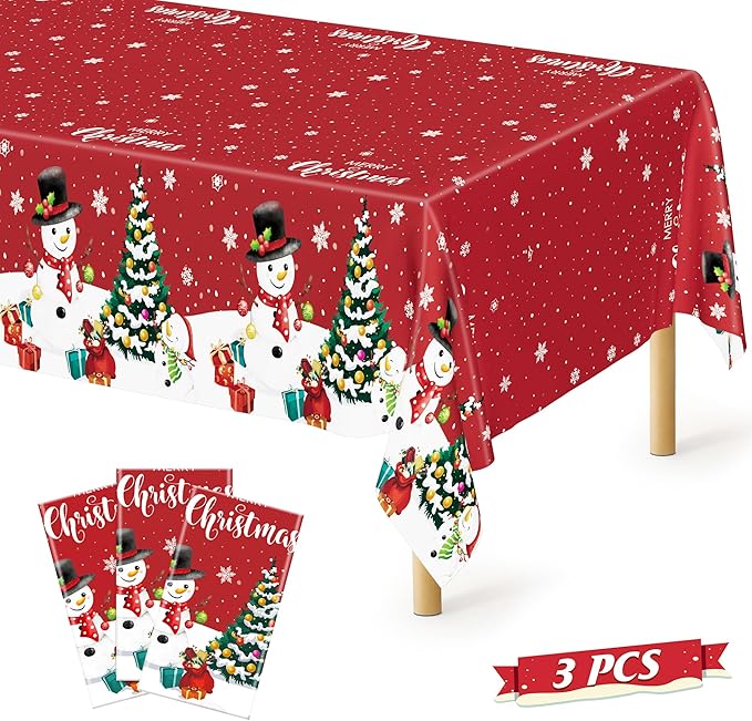 QZYL 3 Pack Christmas Tablecloths, 54" x 108" Snowman Christmas Decorations, Rectangle Holiday Plastic Tablecloth Xmas Disposable Table Cover, Xmas Table Decor Holiday Party Supplies