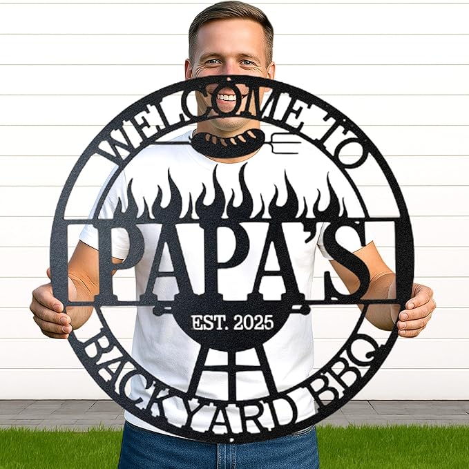 Custom BBQ Metal Wall Art, Personalized Grill Name Cut Sign for Outdoor Kitchen and Backyard Patio, Rustic Barbecue Gift