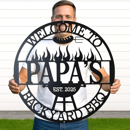 Custom BBQ Metal Wall Art, Personalized Grill Name Cut Sign for Outdoor Kitchen and Backyard Patio, Rustic Barbecue Gift