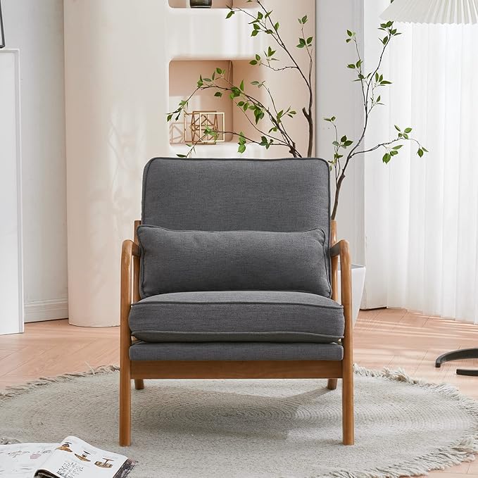 Bonnlo Linen Dark Grey Accent Chairs Set of 2, Upholstered Mid Century Modern Lounge Chairs Reading Chairs Side Sitting Chair Solid Wood Farmhouse Armchairs for Living Room, Bedroom, Guest Room