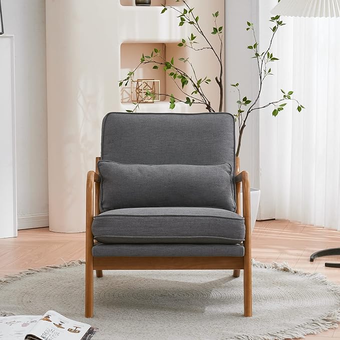 Bonnlo Linen Dark Grey Mid Century Modern Accent Chair, Soild Wood Padding Lounge Armchairs Side Sitting Chairs for Living Room, Bedroom, Guest Room