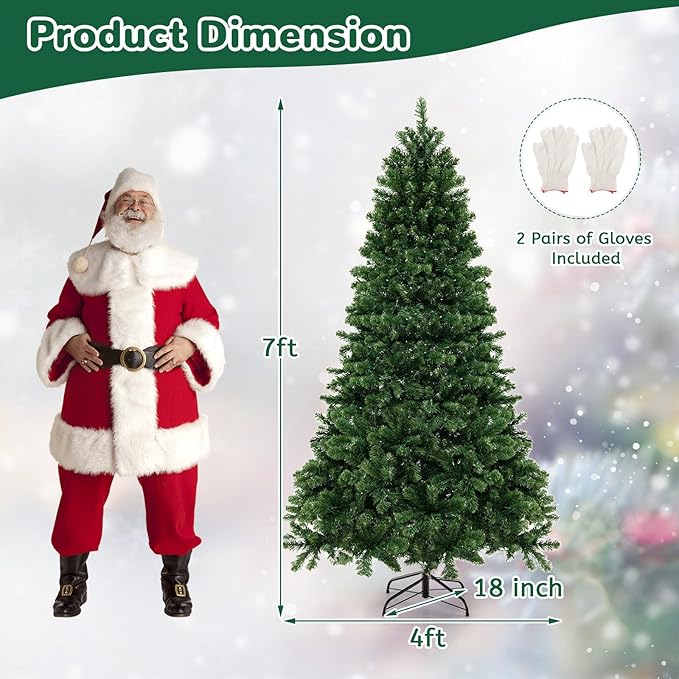 GOLFAME 7FT Pre-Lit Artificial Christmas Tree, Decorative Hinged Xmas Tree with 700 LED Lights, 1188 Branch Tips, Upgraded Metal Stand, Christmas Holiday Tree for Home Office Party
