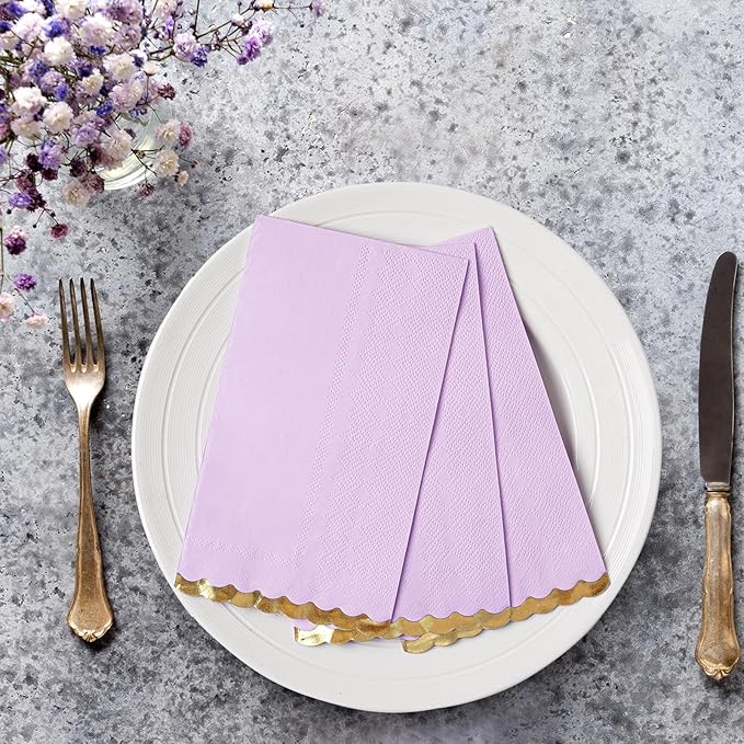 50 Dinner Napkins Paper Decorative, Gold Foil Scalloped Edged Guest Napkins Disposable, Lavender Napkins for Wedding, Birthday, Shower Baby, Tea Parties Supplies (4 x 8 In, Purple)