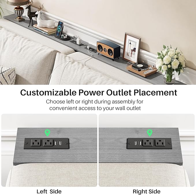 Kitstorack 2-Pack Dark Gray Long Sofa Table Behind Couch, Adjustable Height (25"-33") & 2 Power Outlets, Narrow Console Table, 5.9" D x 79" L, Thin, Split Design for Separate Use