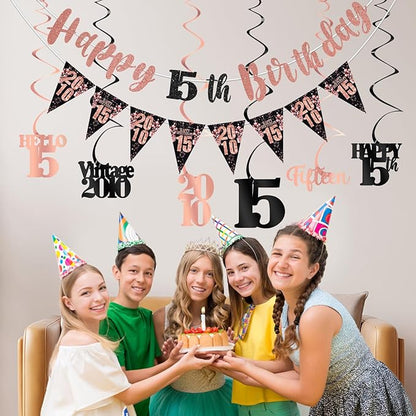 15th Birthday Decorations for Girls, Black Rose Gold Happy 15th Birthday Banner Hanging Swirls Vintage 2010 Birthday Decorations Kit Hello 15 Party Supplies