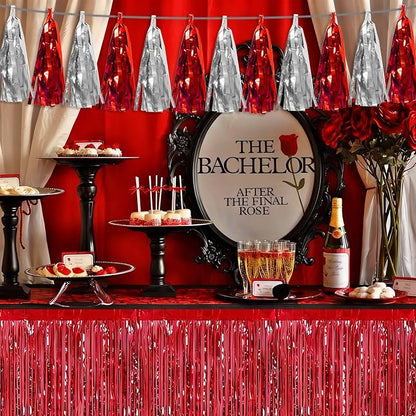 3P Red Silver Tassel Banner Garland Metallic Foil Fringe Banner Tinsel Tassels Streamer Banner Backdrop for Parade Floats, 2025 Graduation Decorations, Father's Day, Wedding Party Decoration