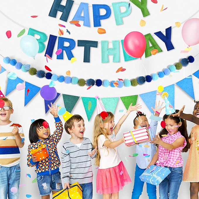 CANREVEL Pre-Strung 3D Happy Birthday Banner, 3 PCS Blue Felt Garland, Pom Pom Garland, Triangle Fabric Bunting, Reusable Blue Birthday Decorations for Boys Men