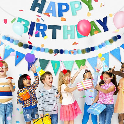 CANREVEL Pre-Strung 3D Happy Birthday Banner, 3 PCS Blue Felt Garland, Pom Pom Garland, Triangle Fabric Bunting, Reusable Blue Birthday Decorations for Boys Men