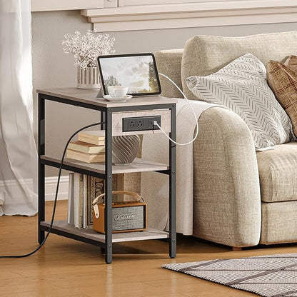 HOOBRO End Table with Charging Station, Simple Rustic Side Table with 3-Tier Storage Shelf, Narrow Nightstand for Small Spaces, for Living Room, Industrial Design, Greige and Black BG149UBZ01