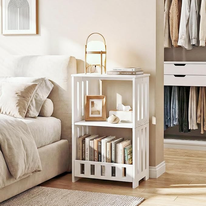 3 Tier Side Table Night Stand, Narrow End Table with Display Shelf, Small Bookcase Bookshelf, Simple Bedside Table Storage Rack for Bedroom, Living Room, Office, Bathroom, White