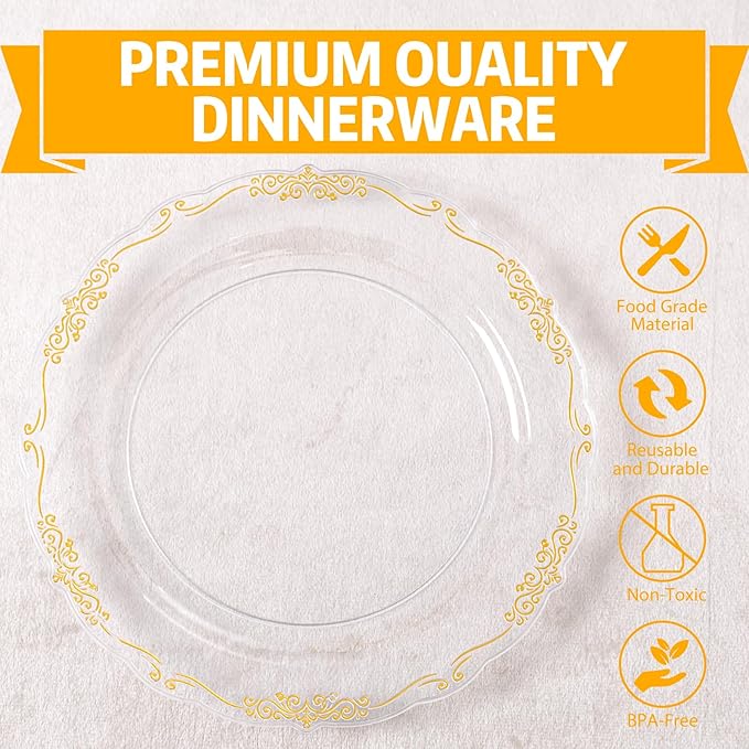 U-QE 100PCS Clear Gold Christmas Plastic Plates - Disposable Heavy Duty Clear Plates with Gold Rim Including 50PCS 10'' & 50PCS 7.5'' Perfect for Christmas, Party, Weddings