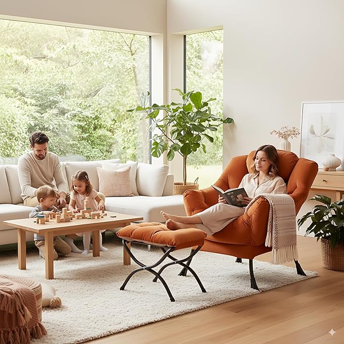 LITA Lazy Chair with Ottoman, Modern Lounge Accent Chair with Armrests and a Side Pocket, Leisure Upholstered Sofa Chairs Set, Reading Chairs with Footrest for Small Space,Orange