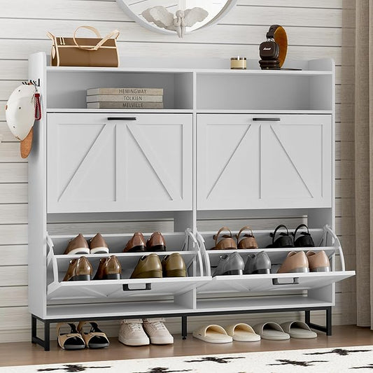 Shoe Cabinet with 4 Flip Drawers Narrow Shoe Storage Cabinet Organizer Wooden Freestanding Shoe Rack Hidden Slim Shoes Storage Cabinet for Entryway, Hallway, Living Room, Bedroom