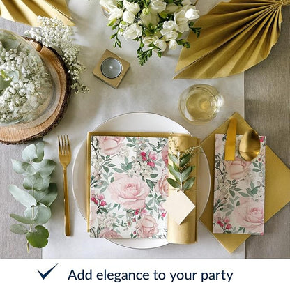 PAW - Linen Feel Napkins with Built-in Flatware Pocket, Airlaid Paper Pre-Folded Napkins for Silverware, Wedding Party, Dinner, Birthday, Gatherings, Floral Roses Design, 50 Count
